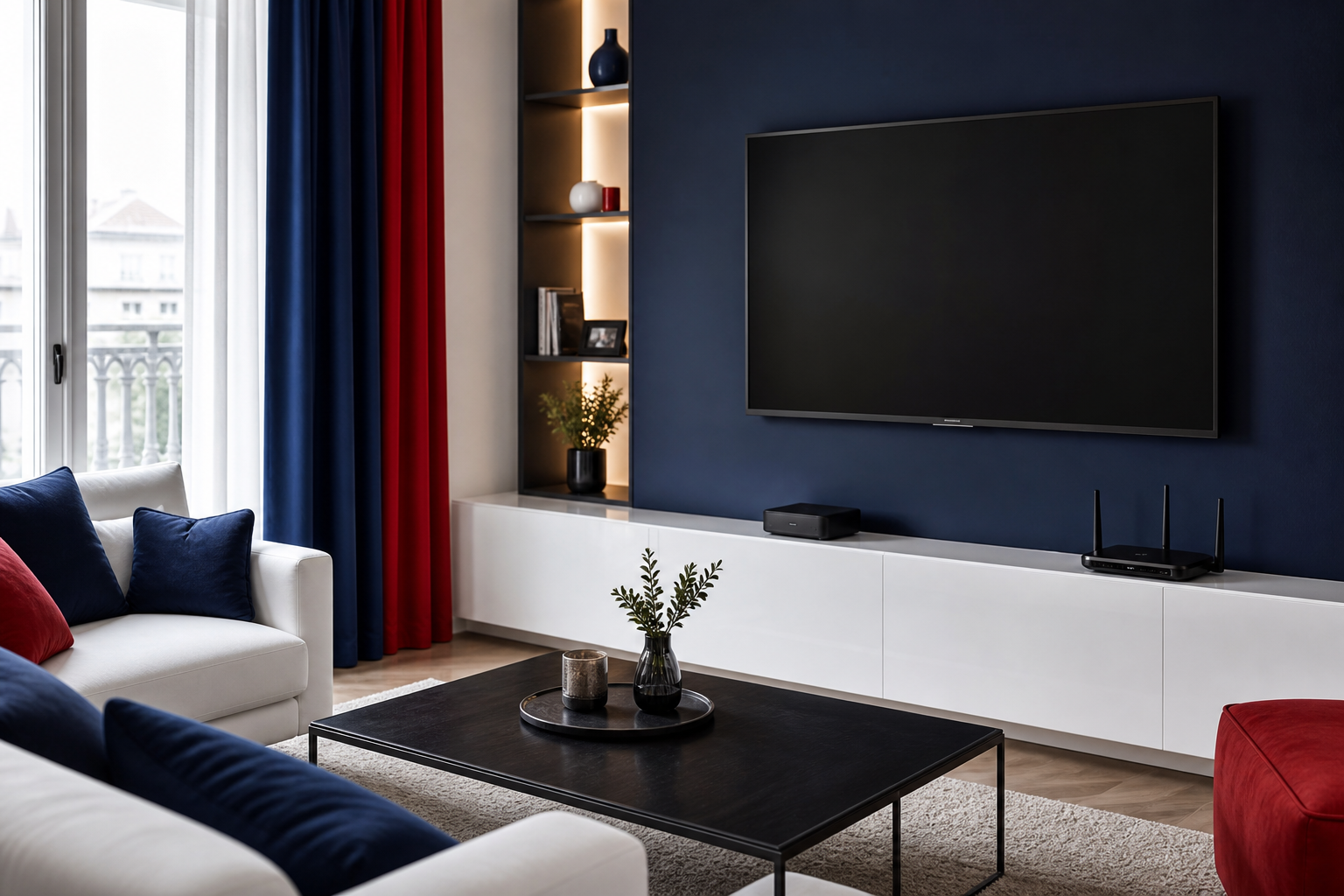 Salon moderne avec Smart TV et connexion reseau pour guide IPTV