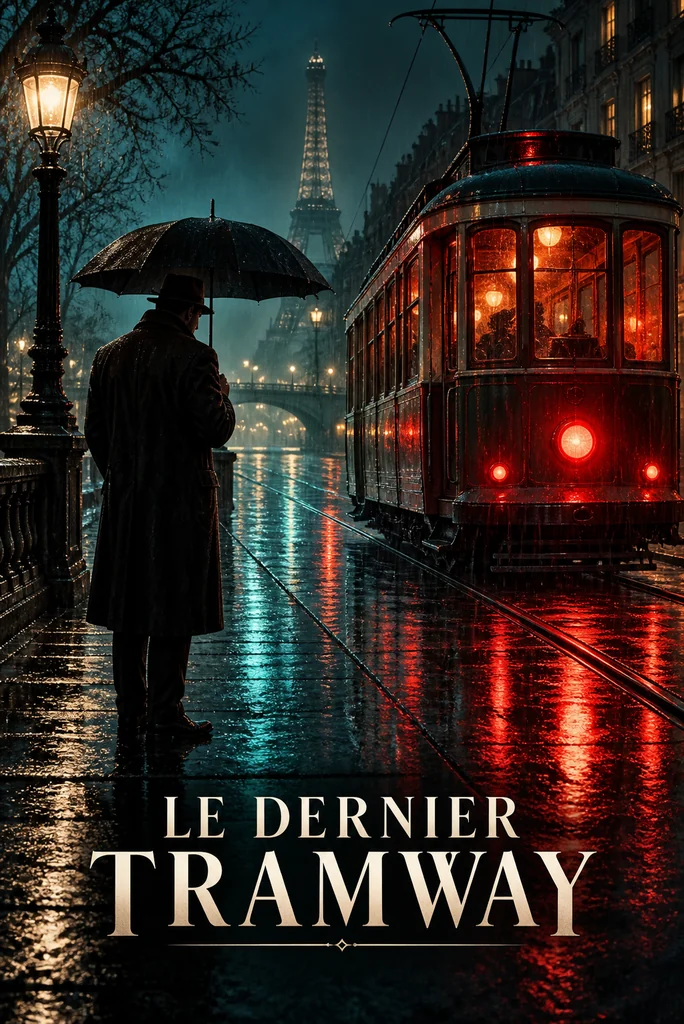 Un détective sous un parapluie attend près d'un tramway rouge dans une rue parisienne sous la pluie.