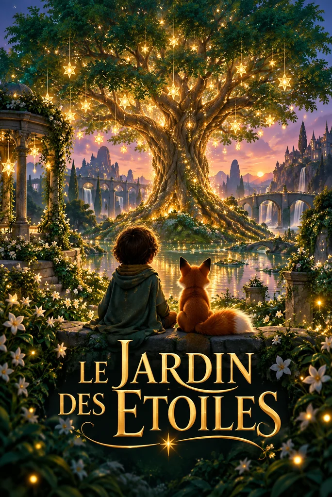 Un enfant et un renard admirent un arbre lumineux dans un jardin enchanté au crépuscule.