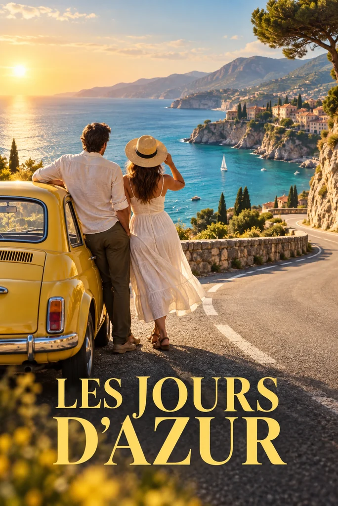 Deux voyageurs et une voiture jaune sur une route dominant la mer turquoise de la Méditerranée.
